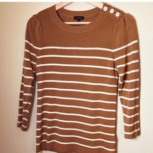 Talbots Women's Crewneck Sweater size Small Brown and White with Button Detail